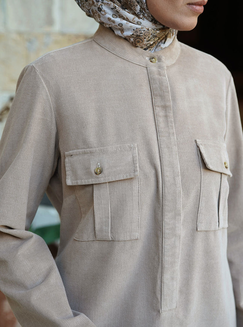 Pocketed Corduroy Shirt Midi