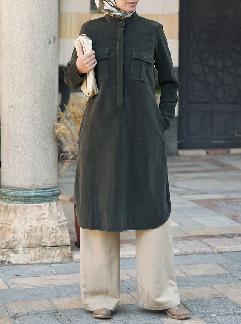 Pocketed Corduroy Shirt Midi