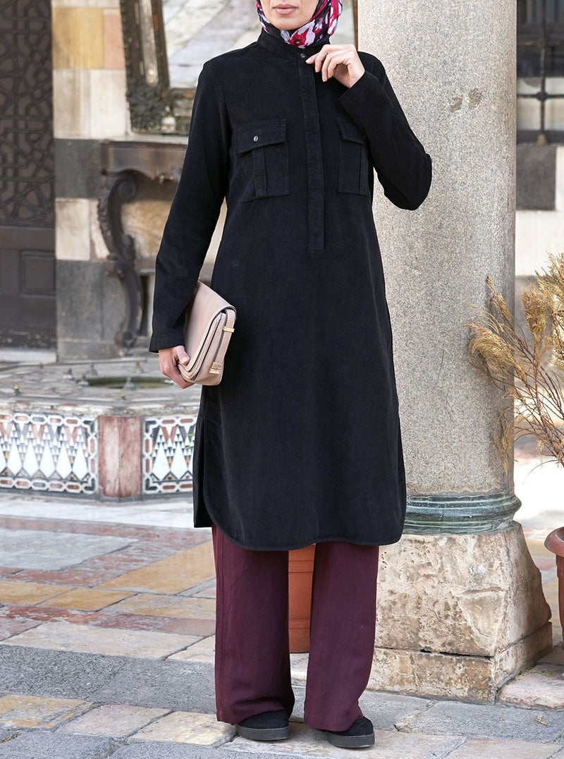 Pocketed Corduroy Shirt Midi