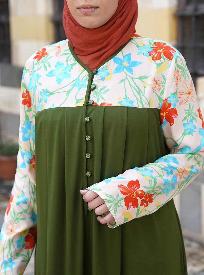 Printed Top Abaya with Pleats