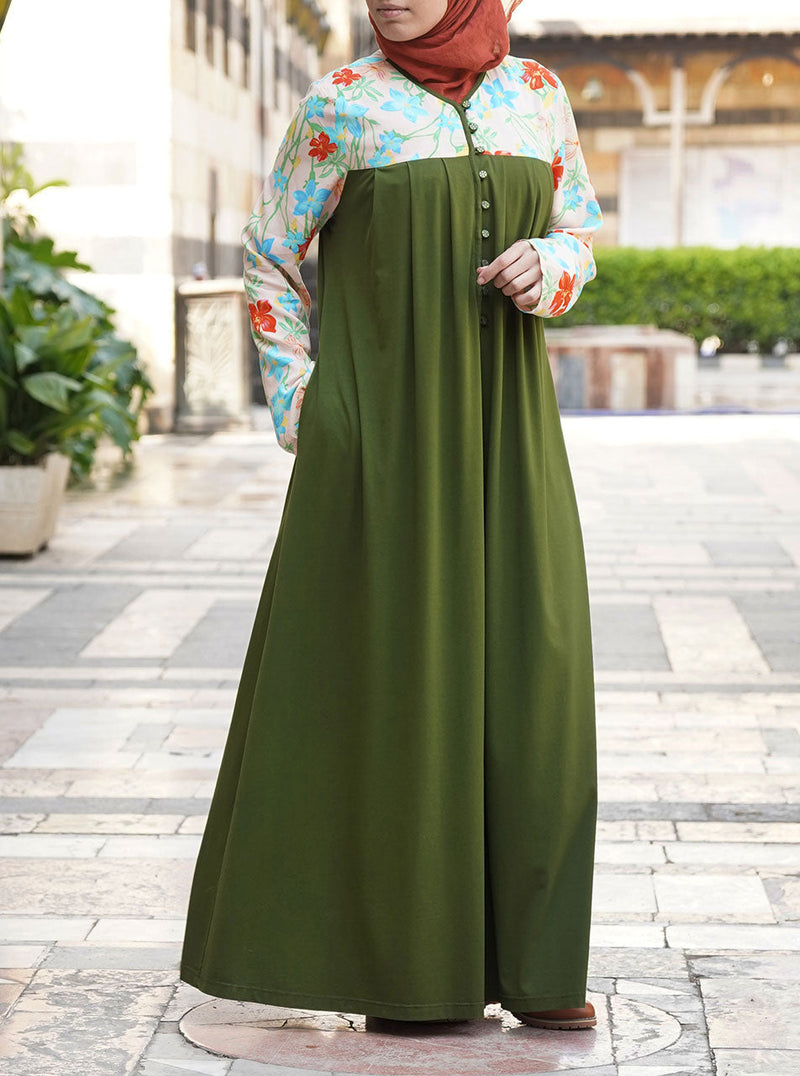 Printed Top Abaya with Pleats