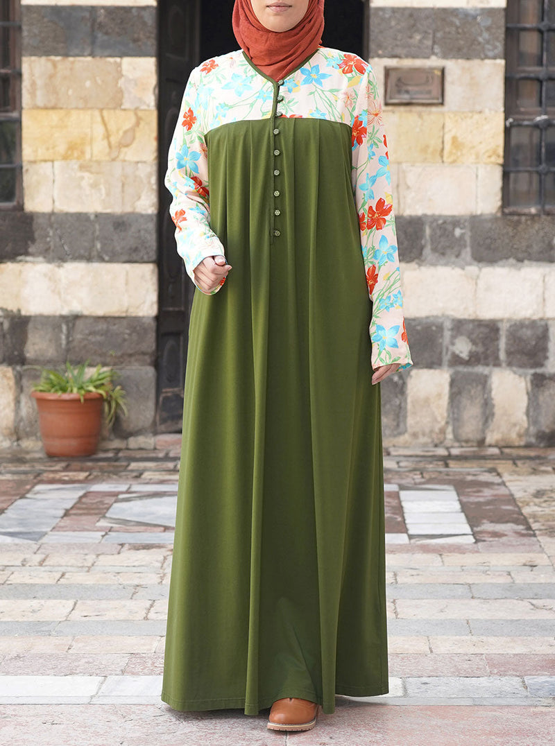 Printed Top Abaya with Pleats