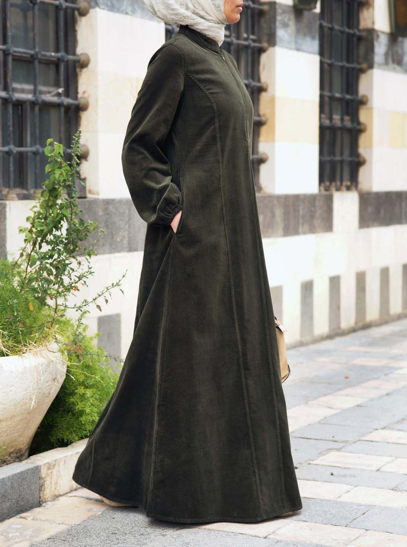 Zipped Neckline Corduroy Maxi Dress