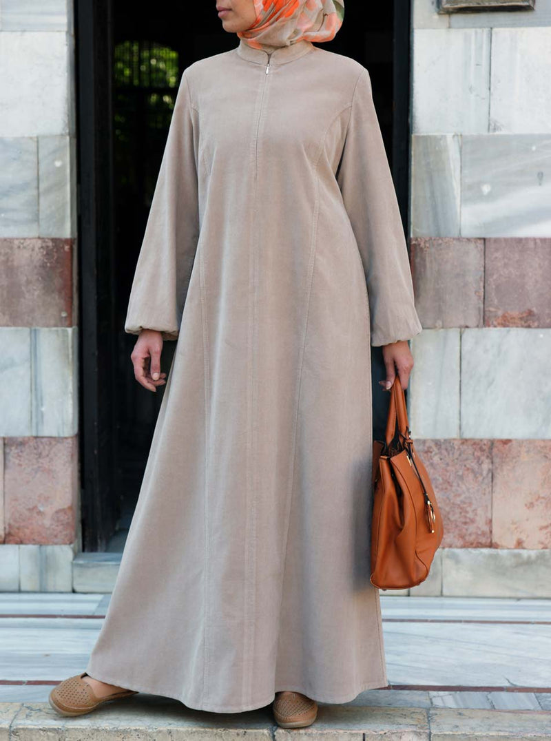 Zipped Neckline Corduroy Maxi Dress